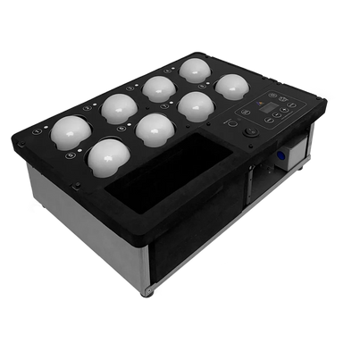 Astera Luna Bulb Prep Inlay Kit with 8 Luna Bulbs open charging case showing bulbs seated in circular cutouts control panel with display angle view transparent background