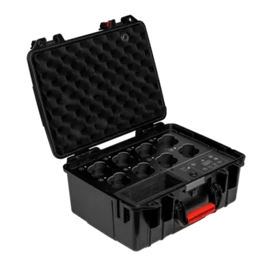 Astera Luna Bulb PrepCase open showing foam inserts charger and 8 bulb compartments black hard case with red latch transparent background