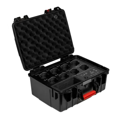 Astera Luna Bulb PrepCase open showing foam inserts charger and 8 bulb compartments black hard case with red latch transparent background