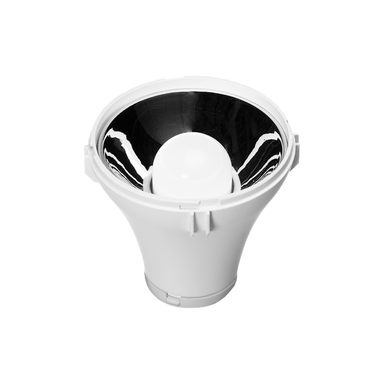 Astera LunaReflector interior view with LunaBulb installed showing chrome reflective surface for directional LED beam control in cinema lighting on white background