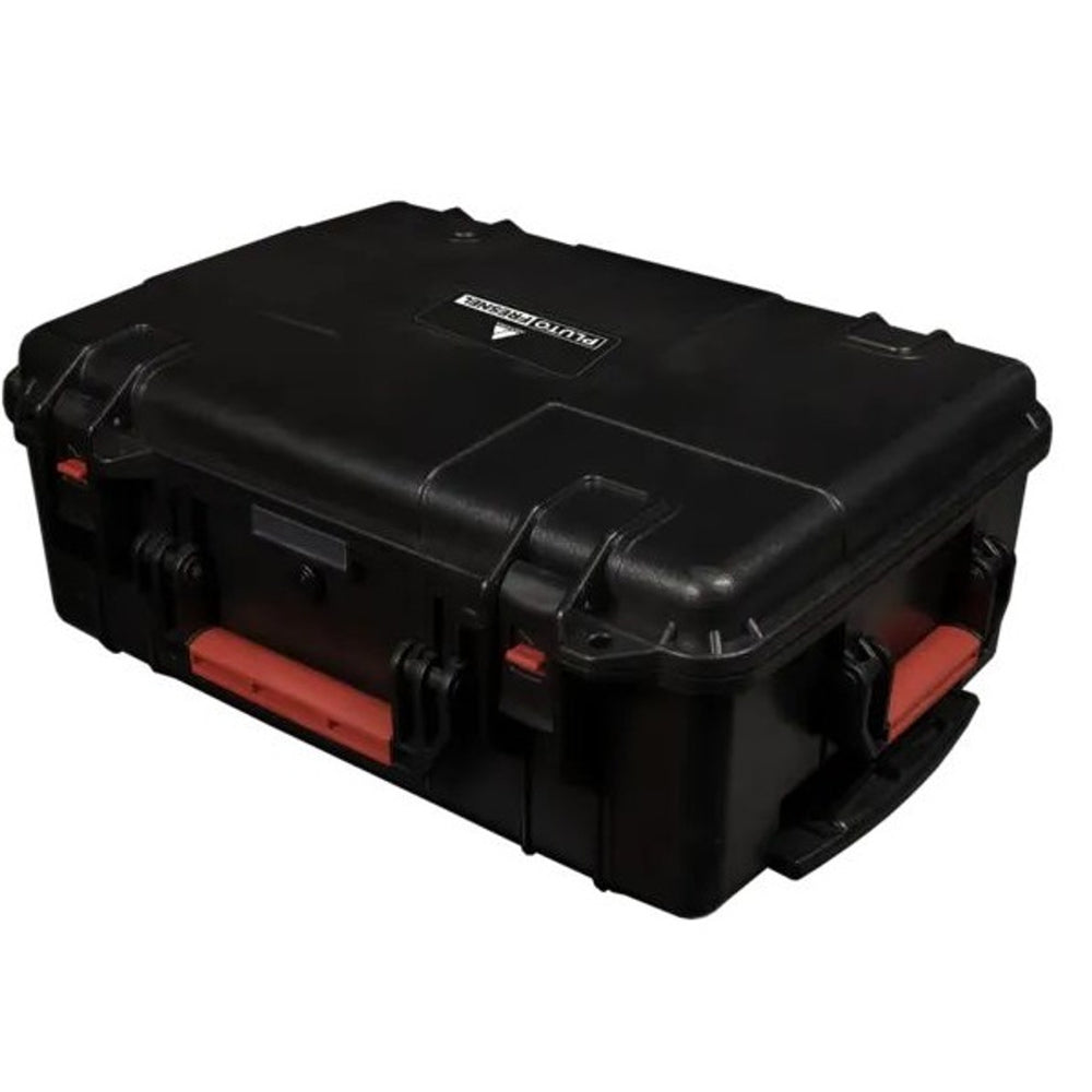Astera Pluto Fresnel carrying case closed angle view sturdy black plastic hard case with orange latches holds 2 PlutoFresnel units with power supplies white background