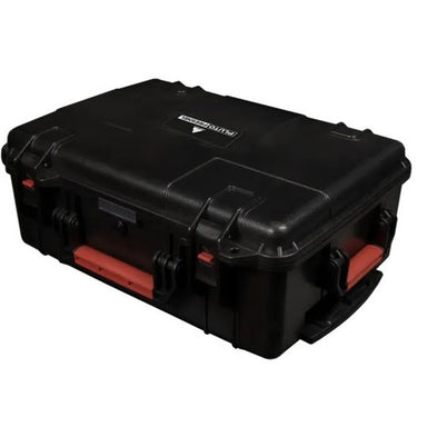 Astera Pluto Fresnel carrying case closed angle view sturdy black plastic hard case with orange latches holds 2 PlutoFresnel units with power supplies white background