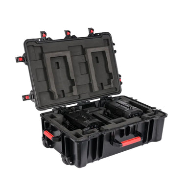 Astera Pluto Fresnel kit hard carry case open showing foam inserts holding two fixtures and accessories, black case with red latches, white background