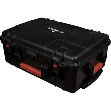 Astera Pluto ProjectionLens carrying case closed angle view black polymer and metal hard case with orange latches holds 2 ProjectionLens units white background
