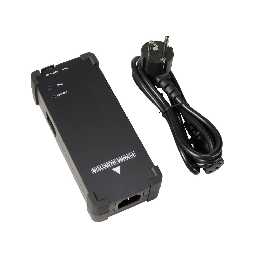 Astera Power Injector with power cable and EU plug black unit angle view PoE accessory for QuikBeam white background