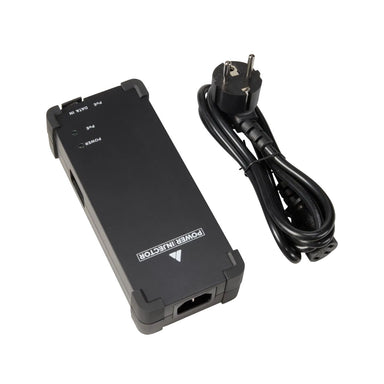 Astera Power Injector with power cable and EU plug black unit angle view PoE accessory for QuikBeam white background