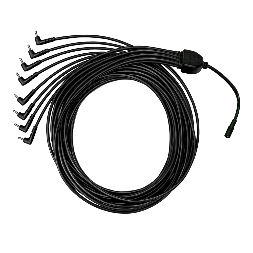 Astera Power Station DC split cable for FP5 NYX bulbs, coiled black cable with multiple output connectors to power up to 8 bulbs, transparent background