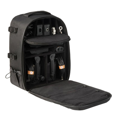 Astera QuikBeam 2-Unit BackPack Kit open and fully loaded with two QuikBeam lights PowerInjectors BarnDoors TrackSpigots cables and PoE extension cables in black backpack white background
