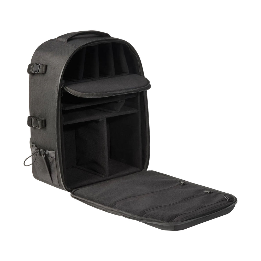 Astera QuikBeam 2-Unit BackPack open with front flap down showing padded interior compartments and dividers for two QuikBeam lights and accessories black backpack white background