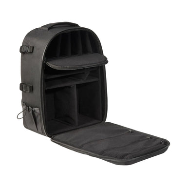 Astera QuikBeam 2-Unit BackPack open with front flap down showing padded interior compartments and dividers for two QuikBeam lights and accessories black backpack white background