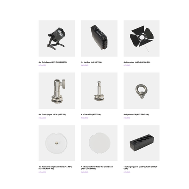 Astera QuikBeam 4-Unit PrepCase Kit contents grid showing all included accessories QuikBeam light NetBox BarnDoor TrackSpigot TrackPin EyeBolt Rotatable Elliptical Filter EdgeSoftener Filter and ChargingDock with SKU labels