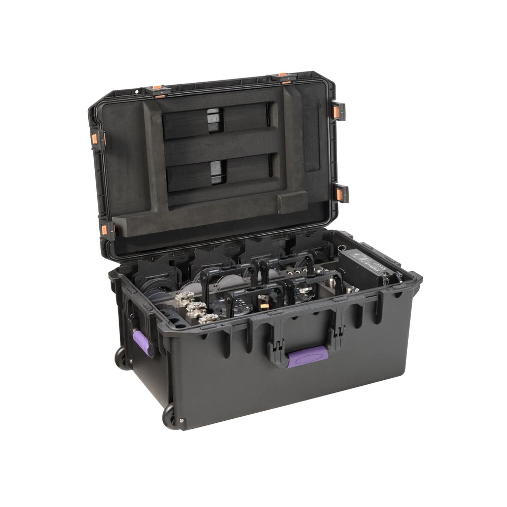 Astera QuikBeam 4-Unit PrepCase Kit open showing four QuikBeam lights with barndoors filters cables and charging dock fully loaded in black hard case with orange latches and purple handles white background