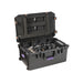 Astera QuikBeam 4-Unit PrepCase Kit open showing four QuikBeam lights with barndoors filters cables and charging dock fully loaded in black hard case with orange latches and purple handles white background