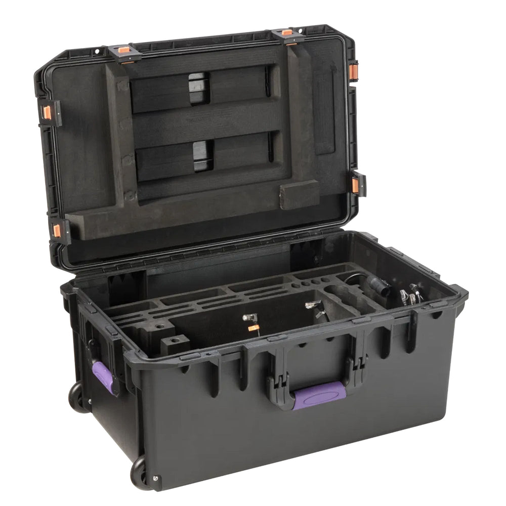 Astera QuikBeam 4-Unit PrepCase open showing interior dividers and compartments for QuikBeam lights black hard case with orange latches and purple handles white background