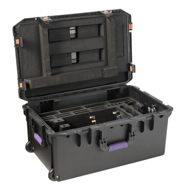 Astera QuikBeam 4-Unit PrepCase open showing interior dividers and compartments for QuikBeam lights black hard case with orange latches and purple handles white background