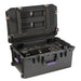 Astera QuikBeam 4-Unit PrepCase open showing interior dividers and compartments for QuikBeam lights black hard case with orange latches and purple handles white background
