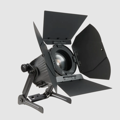 Astera QuikBeam barn doors mounted on QuikBeam fixture with leaves partially open showing LED lens on yoke stand grey background