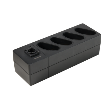 Astera QuikBeam charging dock for 4 QuikBricks angle view showing four battery slots and power button grey unit transparent background