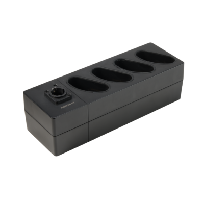 Astera QuikBeam charging dock for 4 QuikBricks angle view showing four battery slots and power button grey unit transparent background