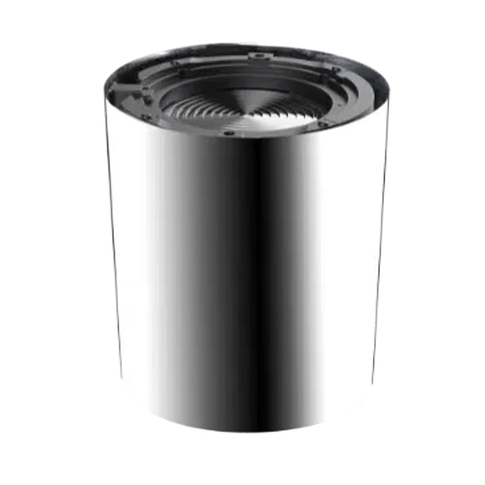 Astera QuikBeam FlexCover mirrored chrome finish single unit front angle view showing reflective cylindrical cover with QuikBeam lens visible at top white background