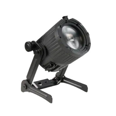 Astera QuikBeam compact Fresnel spotlight angle view on yoke mount with stand adapter showing Fresnel lens black fixture white background
