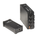 Astera QuikBeam NetBox and power injector two units side by side angle view showing PoE output ports and ethernet port black units white background