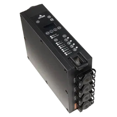 Astera QuikBeam NetBox front angle view showing control panel with buttons LCD display and four PoE plus plus output ports black unit white background