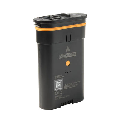 Astera QuikBeam QuikBrick swappable battery front view standing upright showing orange charge indicator button Astera logo and specs label black unit with orange accent band white background