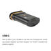 Astera QuikBeam QuikBrick battery showing USB-C charging port angle view marketing graphic with text overlay black unit with orange accent band transparent background