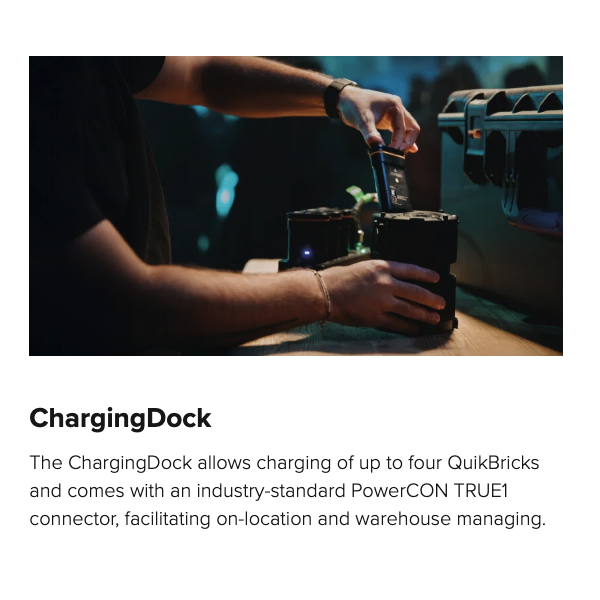 Astera QuikBeam QuikBrick battery being inserted into ChargingDock by hand lifestyle shot marketing graphic with text overlay about ChargingDock features transparent background
