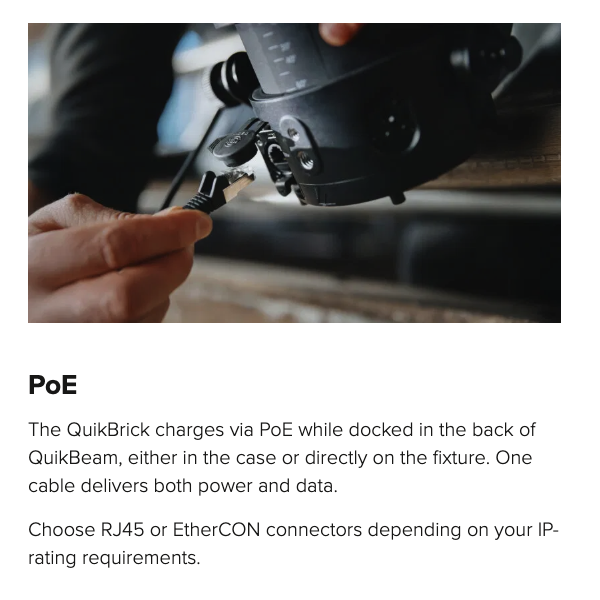 Astera QuikBeam QuikBrick PoE charging in use hand connecting cable to rear of QuikBeam fixture lifestyle shot marketing graphic with text overlay about PoE power and data delivery transparent background