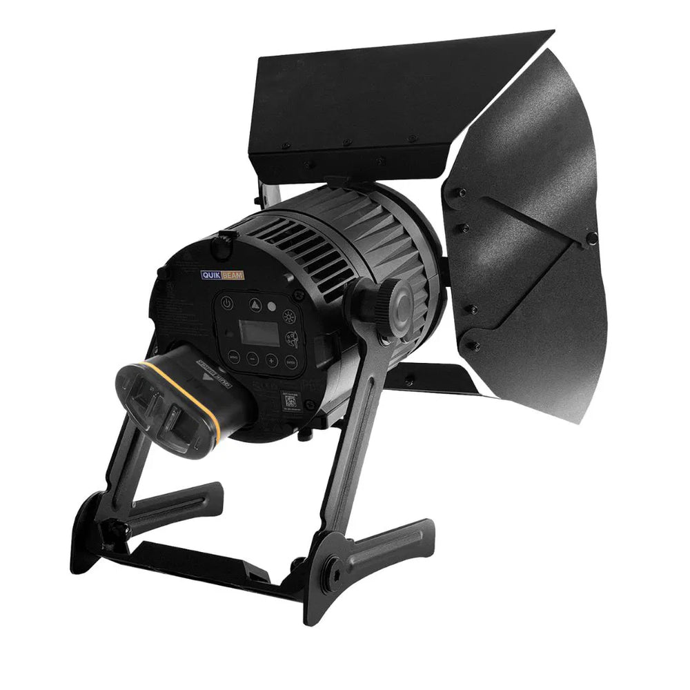 Astera QuikBeam rear angle view with barn doors attached showing LCD display control panel yoke mount and stand adapter black fixture white background