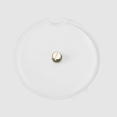 Astera QuikBeam rotatable elliptical filter top down view clear translucent disc with gold rotation knob in center white background