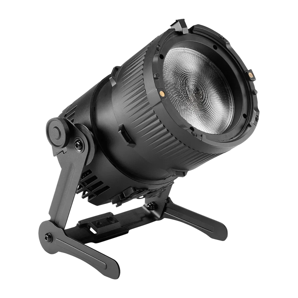Astera QuikPunch wireless Fresnel spotlight front angle view showing 8-way barndoor yoke mount with tilt lock Fresnel lens and heat sink fins black fixture transparent background