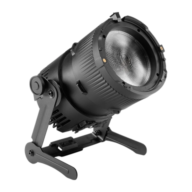 Astera QuikPunch wireless Fresnel spotlight front angle view showing 8-way barndoor yoke mount with tilt lock Fresnel lens and heat sink fins black fixture transparent background