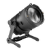 Astera QuikPunch wireless Fresnel spotlight front angle view showing 8-way barndoor yoke mount with tilt lock Fresnel lens and heat sink fins black fixture transparent background