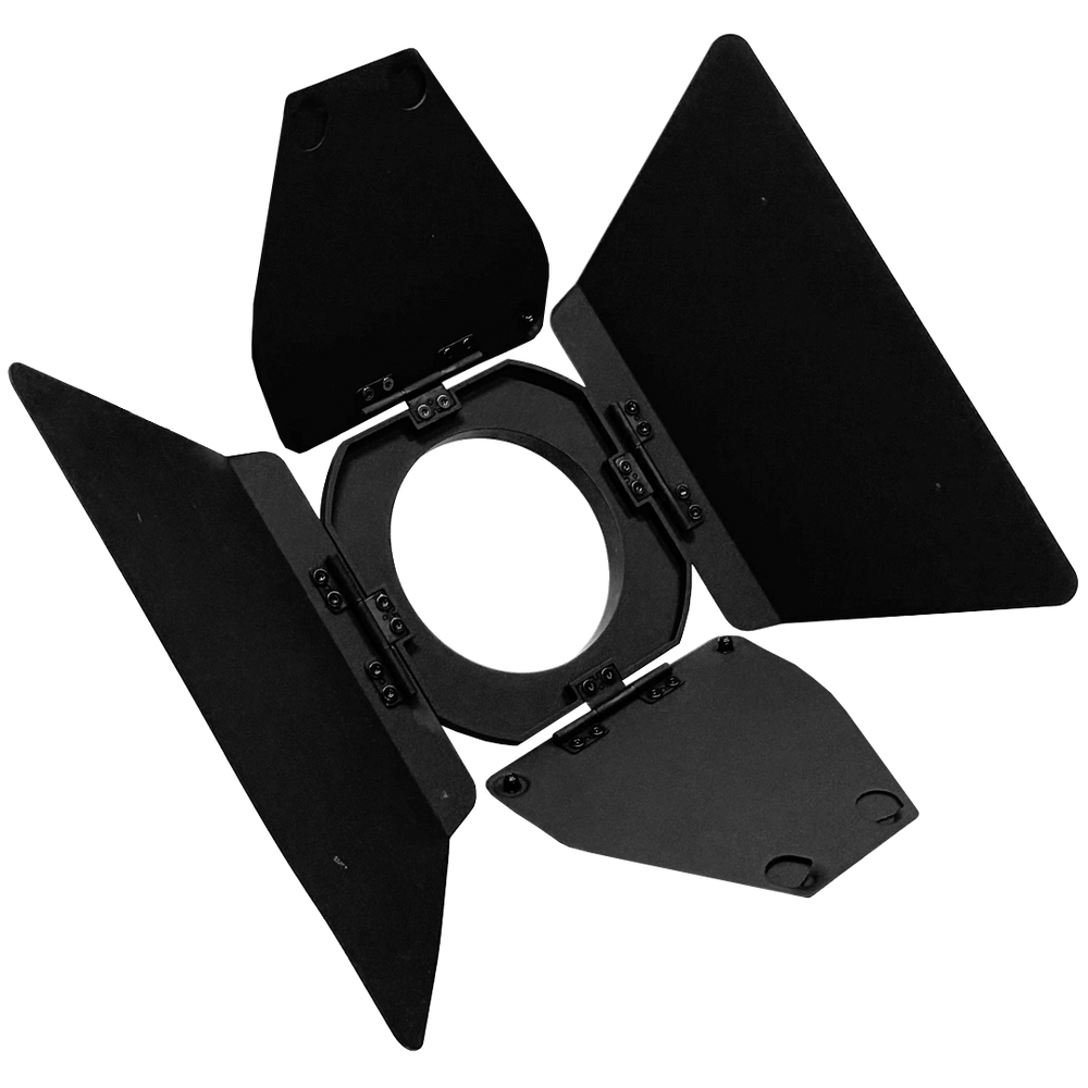 Astera QuikSpot Barndoor 8-way rotatory barndoor with flaps open showing circular mounting ring and SafetyLink wire black construction transparent background