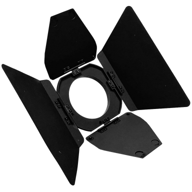 Astera QuikSpot Barndoor 8-way rotatory barndoor with flaps open showing circular mounting ring and SafetyLink wire black construction transparent background