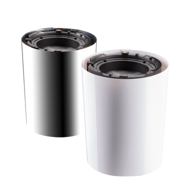 Astera QuikSpot FlexCover mirror chrome and white pair angle view showing velcro closure and interior mounting mechanism transparent background