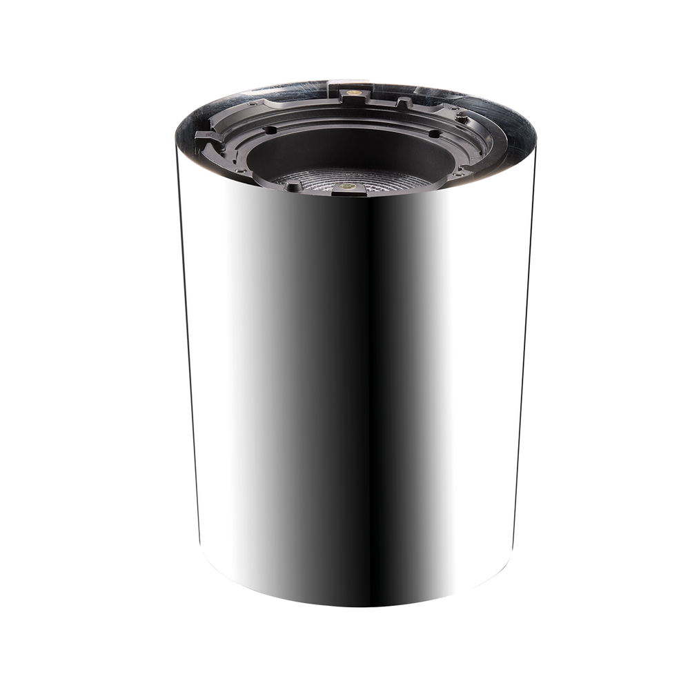 Astera QuikSpot FlexCover mirror chrome finish angle view showing reflective cylindrical cover with interior mounting mechanism visible at top transparent background