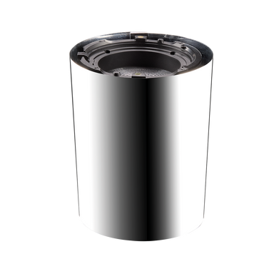 Astera QuikSpot FlexCover mirror chrome finish angle view showing reflective cylindrical cover with interior mounting mechanism visible at top transparent background