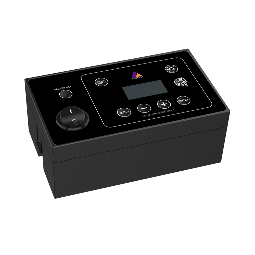 Astera QuikSpot PrepBox angle view showing LCD display control buttons Blue Mode button Select All power knob Menu Enter plus minus buttons Astera logo black transparent background