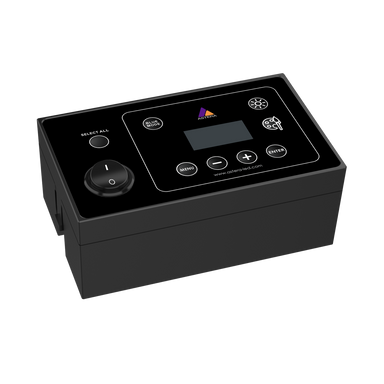 Astera QuikSpot PrepBox angle view showing LCD display control buttons Blue Mode button Select All power knob Menu Enter plus minus buttons Astera logo black transparent background