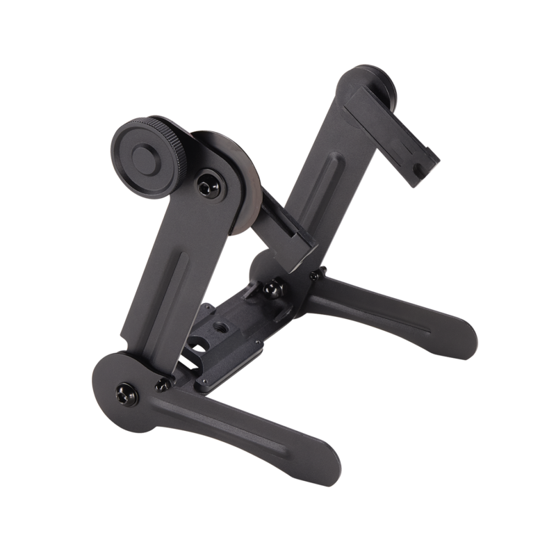 Astera QuikSpot QuikTurn yoke stand bracket angle view showing adjustable tilt mechanism and folding legs black transparent background