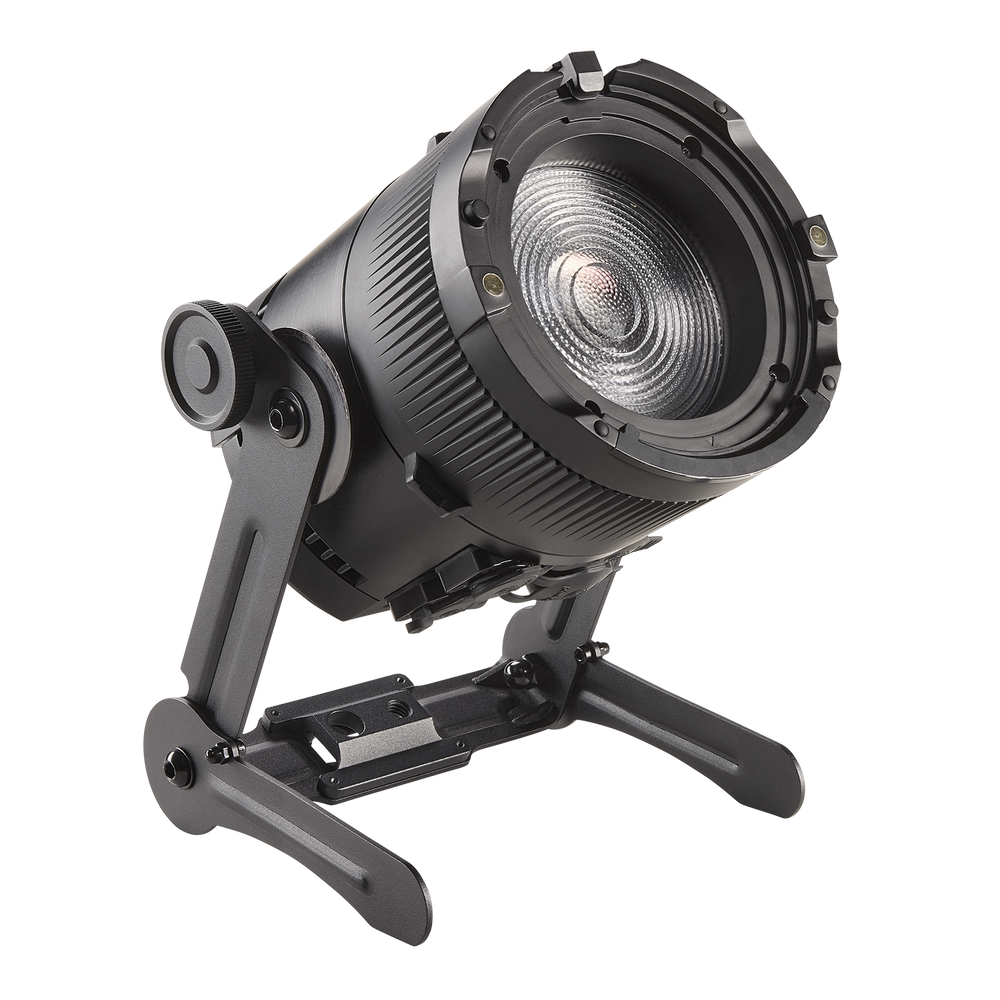Astera QuikSpot side view showing fresnel lens QuikTurn yoke bracket battery-driven uplight fixture light off transparent background