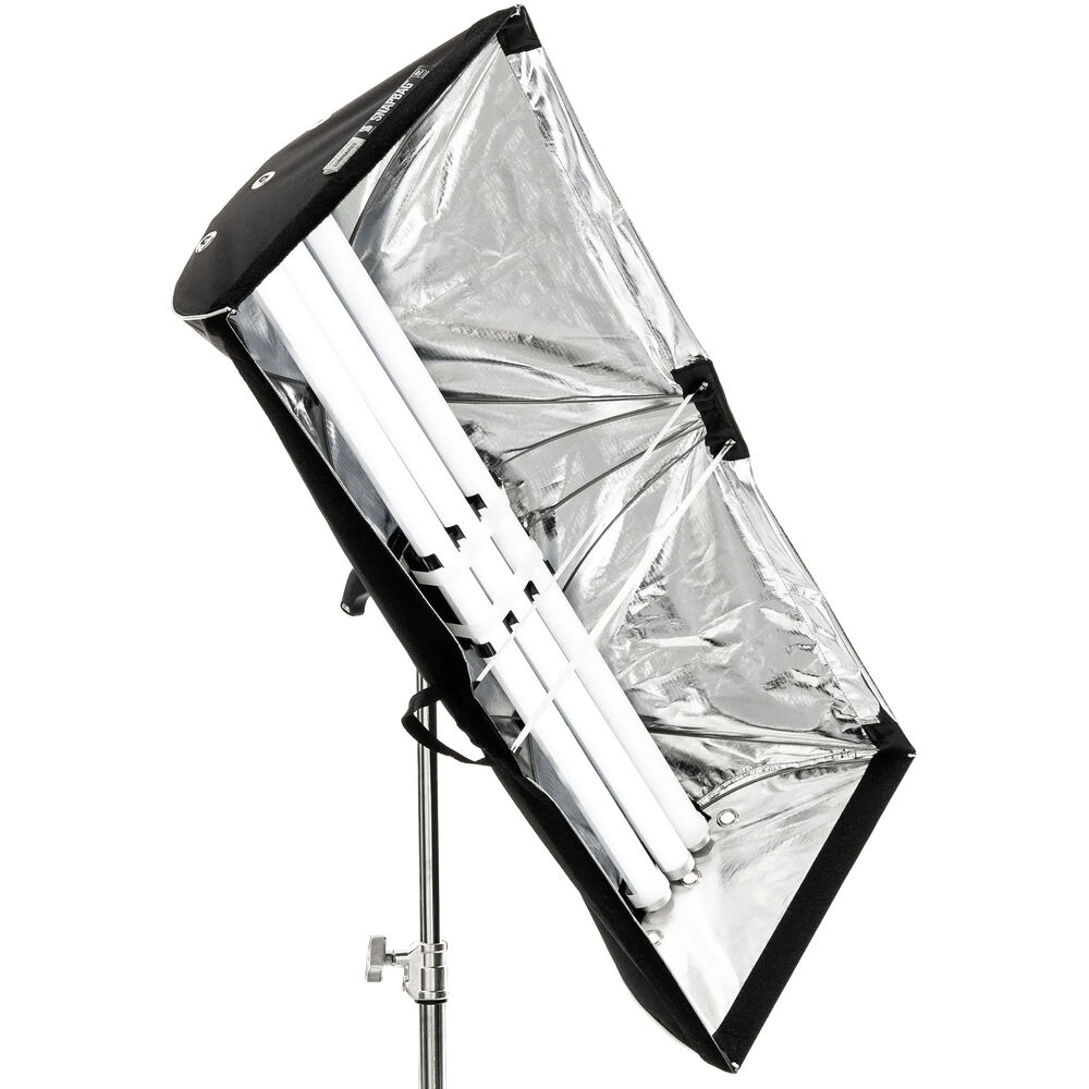 Astera SNAPBAG for 3 Tubes AX1 and Titan angle view open showing silver reflective interior with tube lights visible black fabric exterior on light stand white background