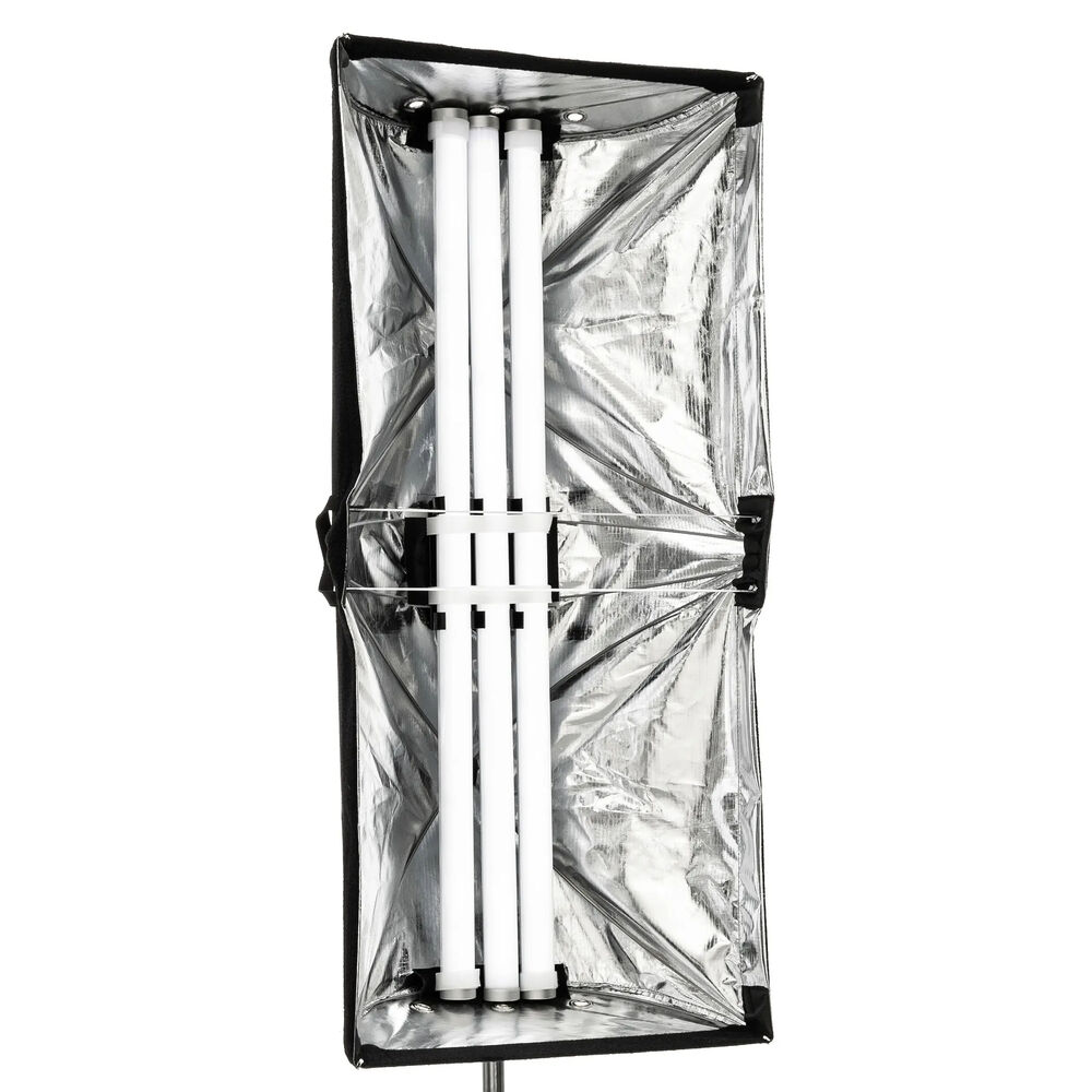 Astera SNAPBAG for 3 Tubes AX1 and Titan front view open showing silver reflective interior with 3 tube lights mounted black fabric exterior white background