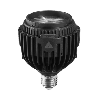 Astera SolaBulb Fresnel LED bulb angle view from above showing zoom-off wide beam Fresnel lens heat sink fins Astera logo and E27 screw base black bulb transparent background