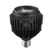 Astera SolaBulb Fresnel LED bulb angle view from above showing zoom-off wide beam Fresnel lens heat sink fins Astera logo and E27 screw base black bulb transparent background