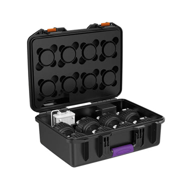 Astera SolaBulb Kit set of 8 bulbs open carrying case showing 8 SolaBulbs in lid holders SolaSnoots PowerStation and charger in base compartments black hard case with orange latches and purple handle white background